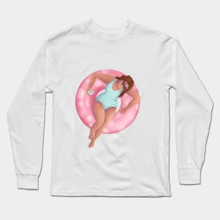 Girl In Swimming Pool Illustration, pink polka dot floaty Long Sleeve T-Shirt